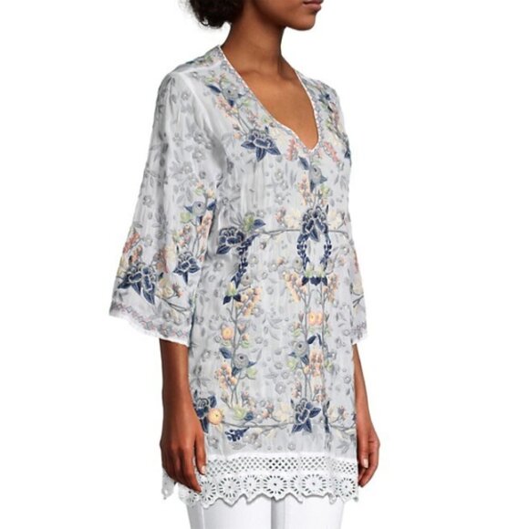 Johnny Was 'Azalia' Floral-Embroidered Tunic Top, Blue/White Multicolor - Picture 3 of 4